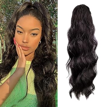 Photo 1 of KETHBE 24 Inch Long Body Wave Ponytail hair Extension Synthetic Heat Resistant Wrap Around Drawstring Curly Wavy Ponytail Hairpieces for Women(Natural Black)
