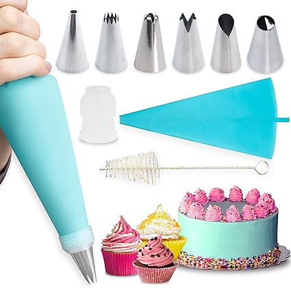 Photo 1 of 2 PACKS --- Reusable Silicone Piping Bags and Tips 9pcs Includes 6 Stainless Steel Nozzles Set, 1 Pastry Bag with Coupler & Cleaning Brush for Hygienic Cupcakes & Pastries
