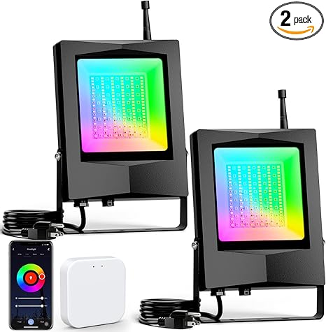 Photo 1 of 60W RGB LED Flood Lights 2 Pack,Color Changing Stage Landscape Floodlights,16 Million Colors Spotlight, IP65 Bluetooth Mesh,for Garden Party Wedding Christmas Wall Washer
