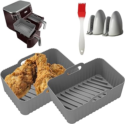 Photo 1 of ARCUNO 2 Pack Rectangular Air Fryer Silicone Liners Pot with 2 Sets Heat-proof Gloves, Fryer Inserts for 8QT & 10QT for Reusable Silicone Air Fryer Basket for NINJA Foodi Dual Air Fryer Accessories
