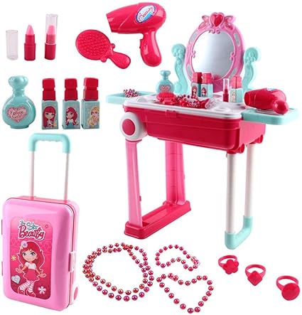 Photo 1 of deAO Vanity Set Girls Toys Beauty Vanity Dressing Table and Beauty Mirror Convertible Suitcase Portable Role Play Set with Accessories
