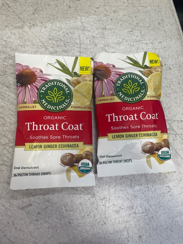 Photo 1 of 2 PACKS --- Traditional Medicinals Throat Coat Organic Pectin Throat Drops, Lemon Ginger Echinacea, Soothes Sore Throats, 16ct.