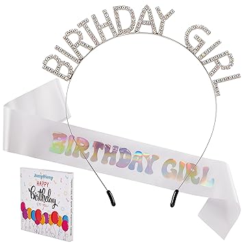 Photo 1 of 3 PACK-- JunyRuny Birthday Decorations for Girls, Iridescent White Birthday Girl Sash & Rhinestone Tiara Set Birthday Crown and Sash for Her Happy Birthday Party Supplies for Women Birthday Gifts
