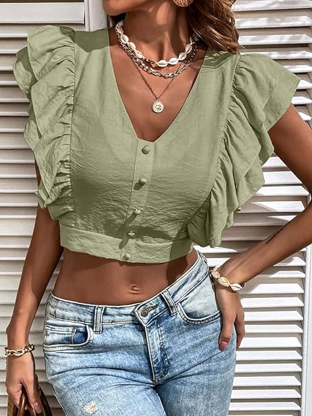 Photo 1 of Haloumoning Womens Summer Tops Blouse Casual Ruffle Cap Sleeve Cropped Tee Shirts
 M