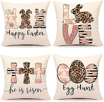 Photo 1 of 4TH Emotion Spring Easter Pillow Covers 18x18 Set of 4 Farmhouse Decor Decoration Cushion Case for Sofa Couch Polyester Linen(Happy Bunny, Love Rabbit, He is Risen, Egg Hunt)