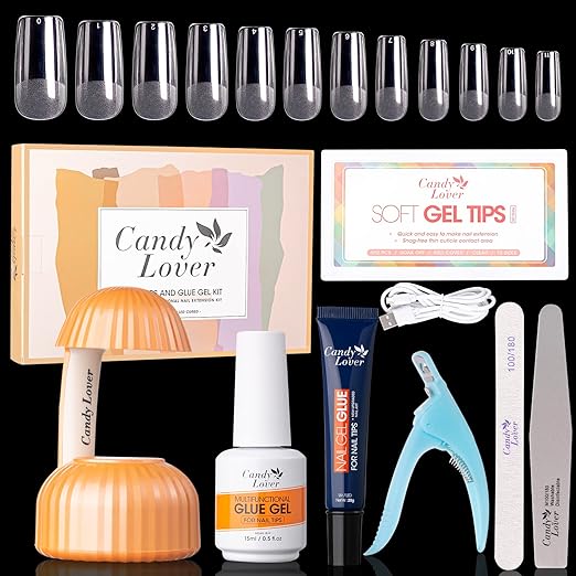 Photo 1 of Candy Lover Gel x Nail Kit, 552 Pcs Medium Square Fake Nails Tips with 4-in-1 Nail Glue Gel and Mini Nail Lamp Acrylic Nail Extension Kit for Women, at Home Nail Art Kit for Beginner