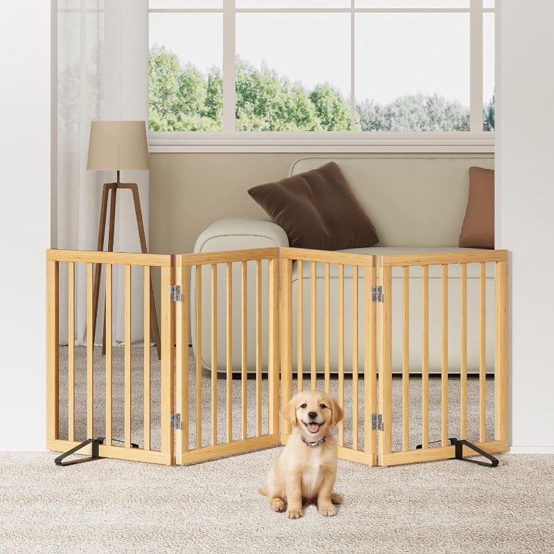 Photo 1 of STOCK PHOTO FOR REFERENCE - Semiocthome Solid Bamboo Dog Gate with 2 Stands, Freestanding Pet Gates for Doorways and Stairs, 24" Height-4 Panels Puppy Gate for the House, Fully Assembled Indoor Gate Adjustable Safety Fence-White
