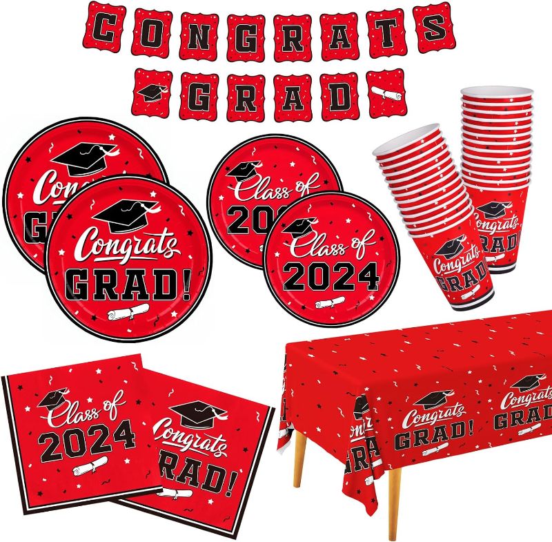 Photo 1 of Graduation Party Supplies 2024 Graduation Party decorations Dinnerware Set Blue Disposable Paper Plates Napkins Cups Tablecloth Banner for Congrats Grad Party Decorations, Serve 25