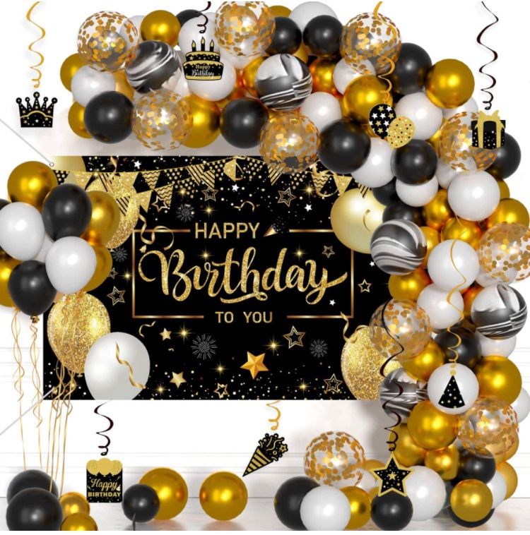 Photo 1 of Black and Gold Birthday Decorations Happy Birthday Backdrop with Balloon Garland Arch Kit Hanging Swirls Décor for Birthday Photo Background Party Supplies