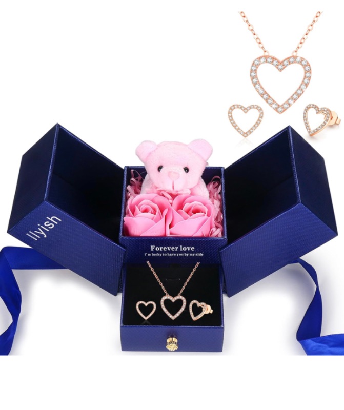 Photo 1 of Birthday Women Gifts Artificial Rose Flowers Bear Gifts Box with Heart Necklaces for Her Mom Girlfriend Wife on Anniversary Mother's Day Valentine's Day