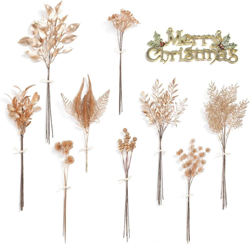 Photo 1 of Golden Artificial Greenery Spray Box Set(Pack of 47pcs) with 10 Kinds of Christmas Faux Foliage Picks for Wedding Bouquet Filler Table Centerpieces and Floral Arrangement

