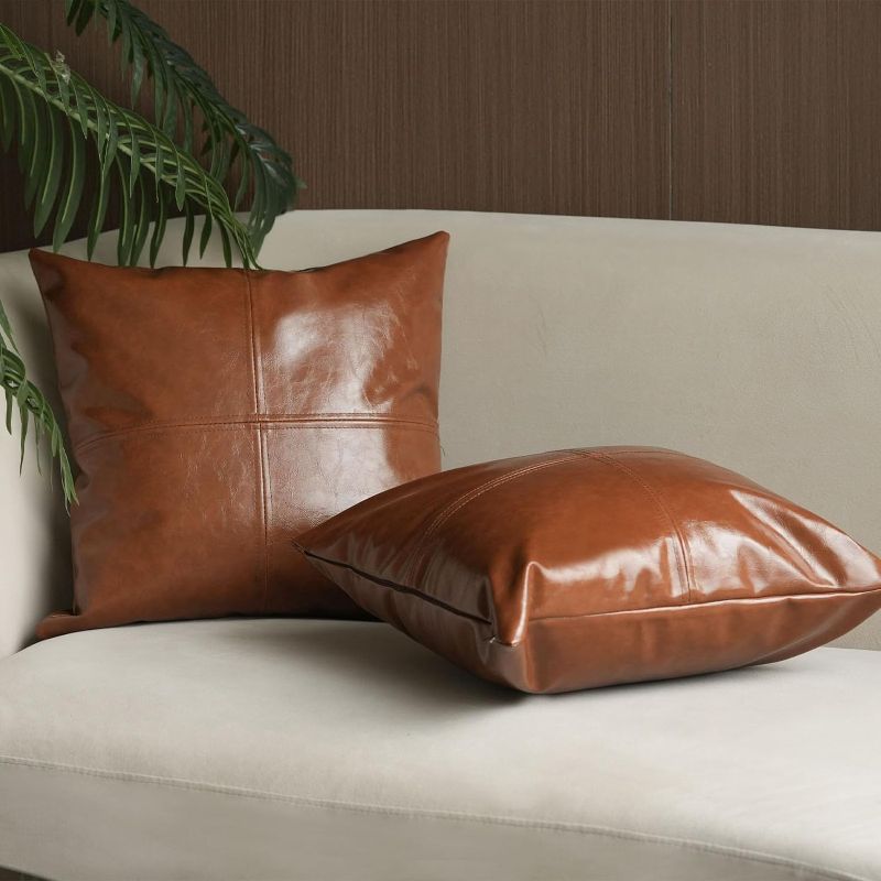 Photo 1 of 2 Packs Faux Leather Throw Pillow Covers 18 * 18 Inches .Brown Leather Pillow Cover, Modern Pillow Covers for Home Decor
