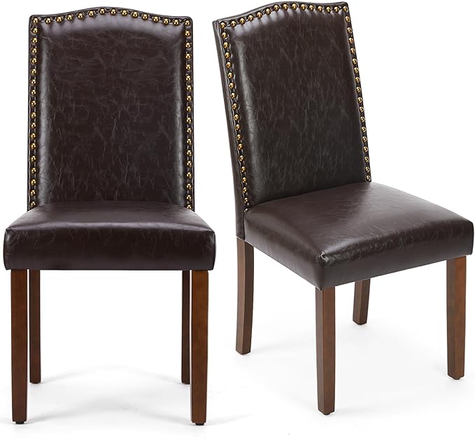Photo 1 of MCQ Upholstered Dining Chairs Set of 6, Modern Upholstered Leather Dining Room Chair with Nailhead Trim and Wood Legs, Mid-Century Accent Dinner Chair for Living Room, Kitchen, Dark Brown Set of 2 Dark Brown