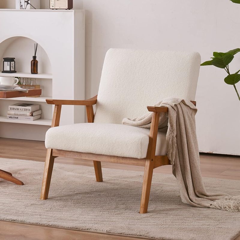 Photo 1 of Karl home Mid-Century Accent Chair Modern Retro Leisure Chair with Solid Wood Frame Upholstered Teddy Fleece Fabric Single Sofa Armchair for Living Room, Bedroom, Balcont, Creamy-White
