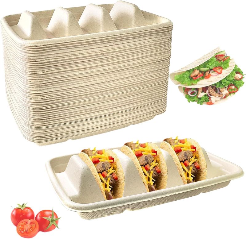 Photo 1 of 50PCS Disposable Taco Holder for Party?Disposable Taco Plates with 3 Dividers Disposable Taco Holders for Party, Taco Tray Holder, Pulp Fiber Plates Disposable for Taco Tuesday Lazy Susan Taco Bar