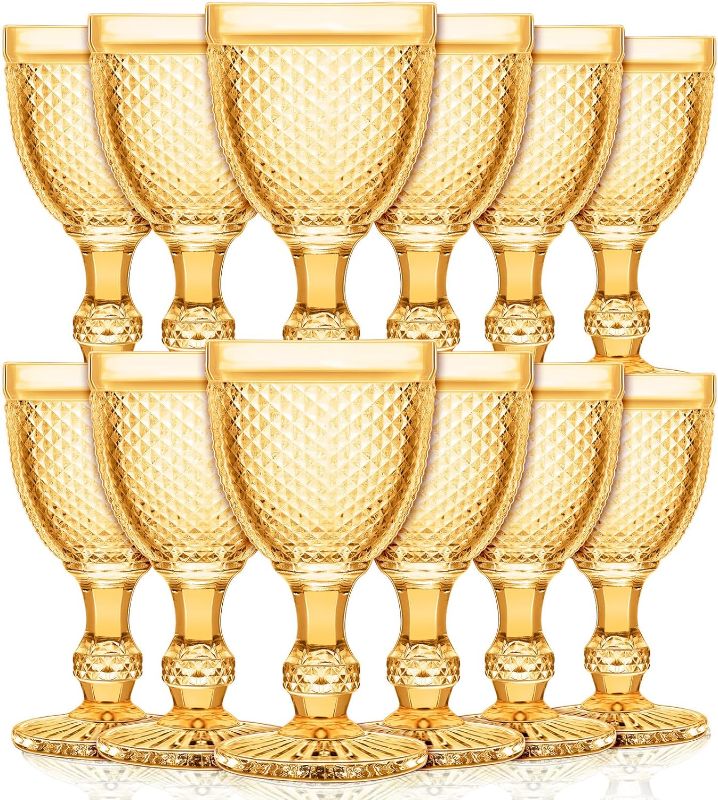 Photo 1 of 12 Pack Wine Glasses Red Wine Glass Goblets High Clear Wine Glass 10 oz Vintage Glass Goblet Embossed Diamond Design Glassware Goblet with Stem for Juice Liquor Party Wedding Bar (Amber)