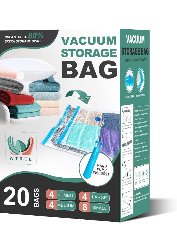 Photo 1 of 20 Pack Vacuum Storage Bags, Space Saver Bags, Vacuum Sealed Bags for Comforters, Blankets, Clothes Storage, Hand Pump Included (4 Jumbo/4 Large/4 Medium/8 Small)