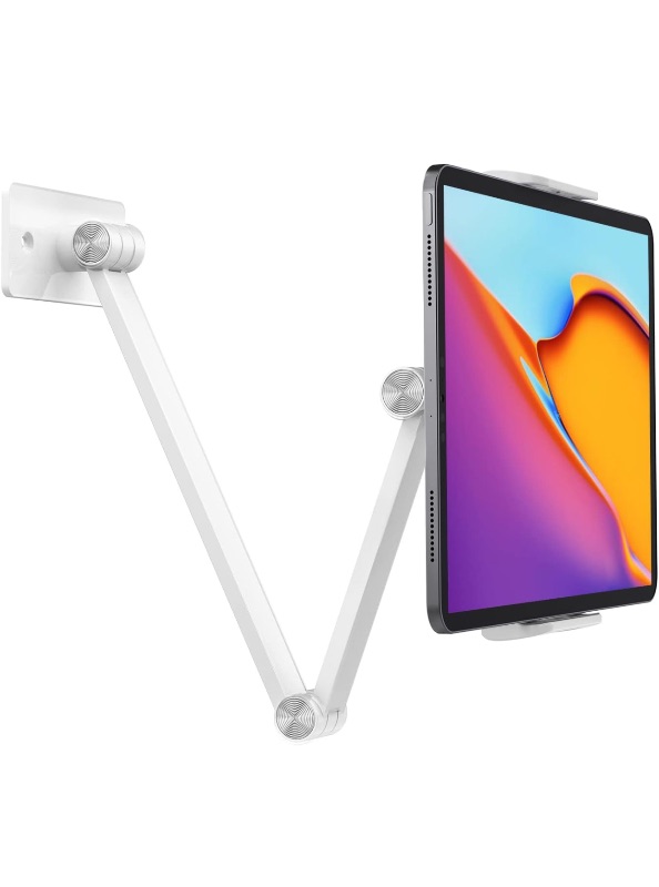 Photo 1 of Adjustable Tablet Wall Mount Holder, Swivel 360 Rotating, Compatible with 4.7-12.9 inch Devices, High-Grade Aluminium Alloy, White