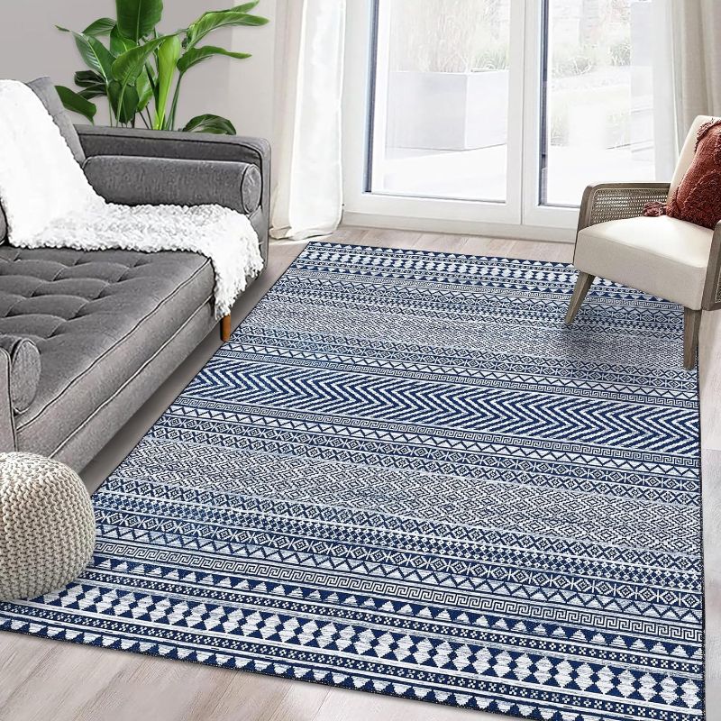 Photo 1 of Large 9 x 12 Area Rug for Living Room Boho Area Rug Non Slip Low Pile Area Rug Machine Washable Area Rug Farmhouse Carpet for Bedroom Home Office, Navy Blue 9' x 12'