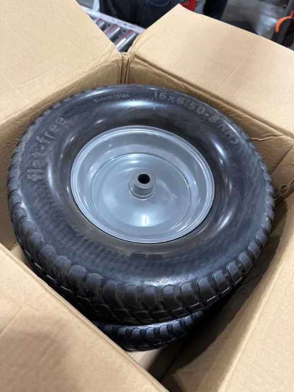 Photo 2 of (2-Pack) 16x6.50-8 Tire and Wheel Flat Free - Solid Rubber Riding Lawn Mower Tires and Wheels - With 3" Offset Hub and 3/4" Bushings - 16x6.5-8 Tractor Turf Tire Turf-Friendly 3mm Treads 16x6.50-8 Flat-Free (Offset Hub) Silver