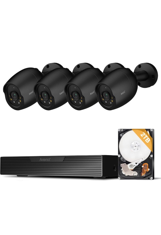 Photo 1 of ARENTI 5MP PoE Security Camera System, 4PCS 5MP Wired PoE Cameras Outdoor IP Camera System with AI Person/Vehicle Detection, 4K 8CH Surveillance NVR with 2TB HDD for 24-7 Recording, AIK8-510B4 Black