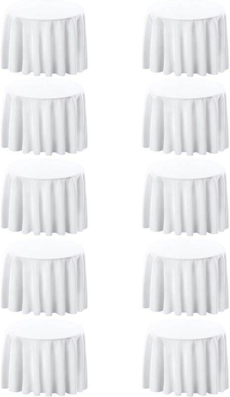 Photo 1 of Surmente 10 Pack 132in Round Tablecloth, Decorative White Table Cloths for Parties and Weddings,Stain Resistant Washable Polyester Round Table Cover for Dining Table Banquets
