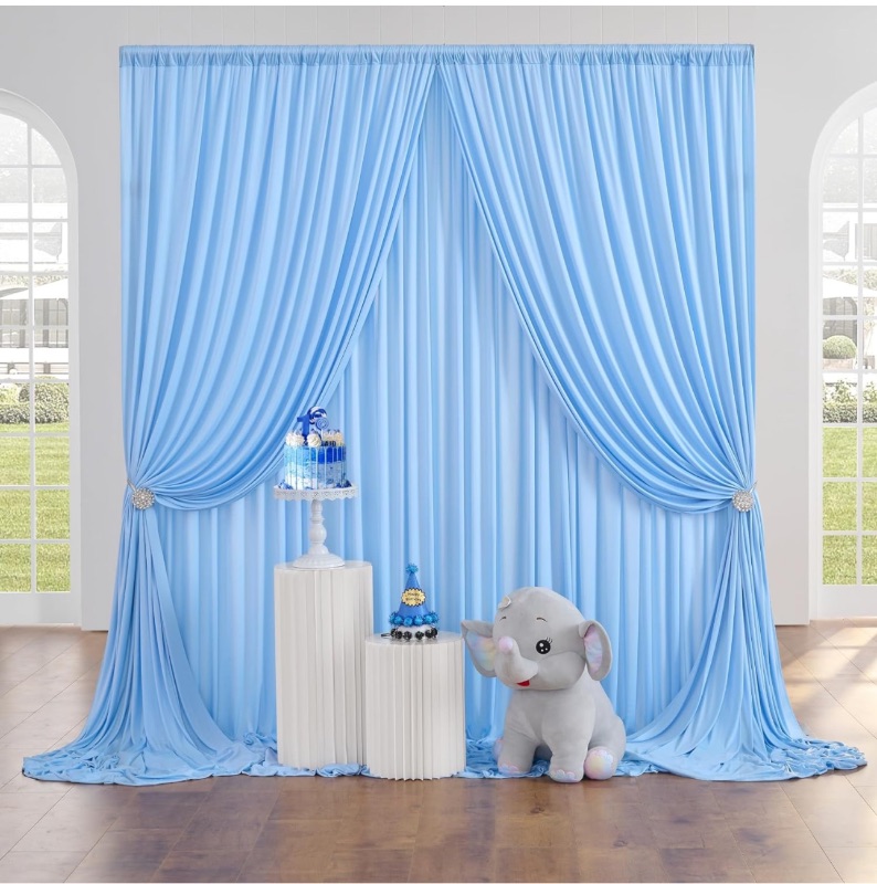 Photo 1 of 10 ft x 10 ft Wrinkle Free Baby Blue Backdrop Curtains for Baby Shower Parties, Polyester Light Blue Photo Backdrop Drapes for Birthday Wedding Party Gender Reveal Photography