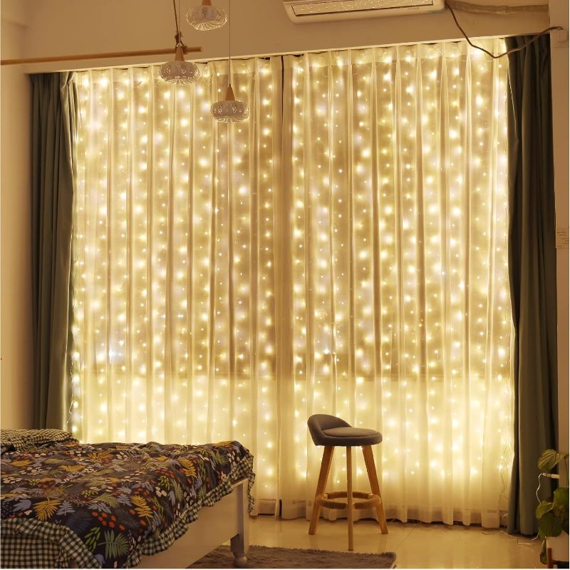 Photo 1 of 300 LED Curtain Fairy Lights with Remote, 8 Modes 9.8 × 9.8 Ft, USB Plug in Copper Wire String Lights for Bedroom Window Chrismas Wedding Party, Warm White
