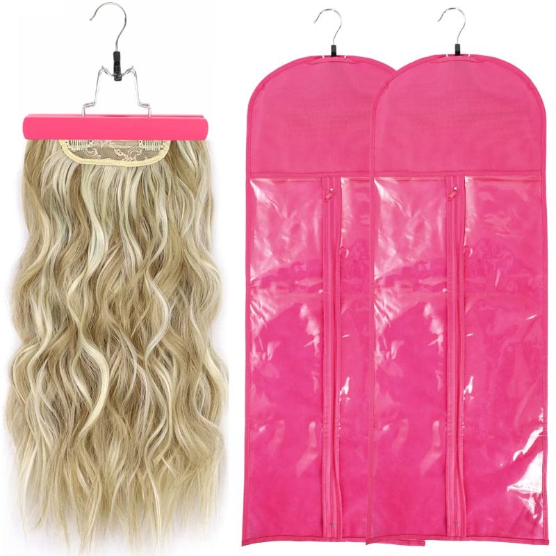 Photo 1 of Mdvora 2 Pack Hair Extension Storage Bag, Hair Extension Holder with Hanger, Strong Portable Dustproof Suit with Transparent Zip up Closure, for Store Style Human Hair (2 Pack)