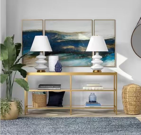 Photo 1 of Alexis 64 in. Brass Rectangle Glass Console Table
