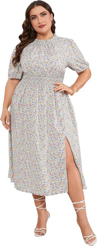 Photo 1 of ShopWonder Women's Plus Size Summer Casual Boho Dress Floral Print Puff Sleeve Smocked Waist Midi Beach Dresses 2XL DARK GREEN