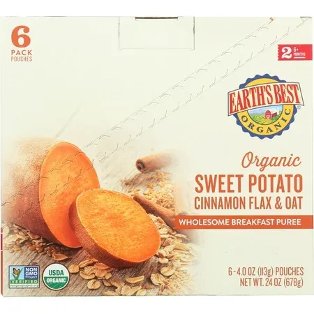 Photo 1 of (12 Pack) Earth's Best Organic Stage 2 Baby Food, Sweet Potato Cinnamon Flax & Oat Breakfast Puree, 4 oz Pouch