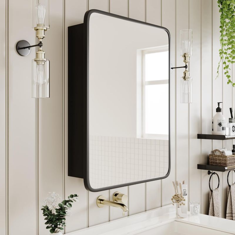 Photo 1 of Vintage-Style Bathroom Wood Wall Cabinet with Black Metal Frame Curved Mirror, Recessed Medicine Cabinet, Bathroom Storage Cabinet, Black, 16.5x24 Inch
