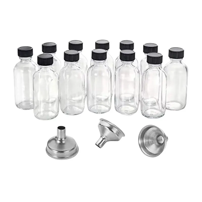 Photo 1 of 12Pc 2 Oz Small Clear Glass Bottles with Lids & 3 Funnels - 60Ml Bottles for Juice Ginger , Whiskey,
