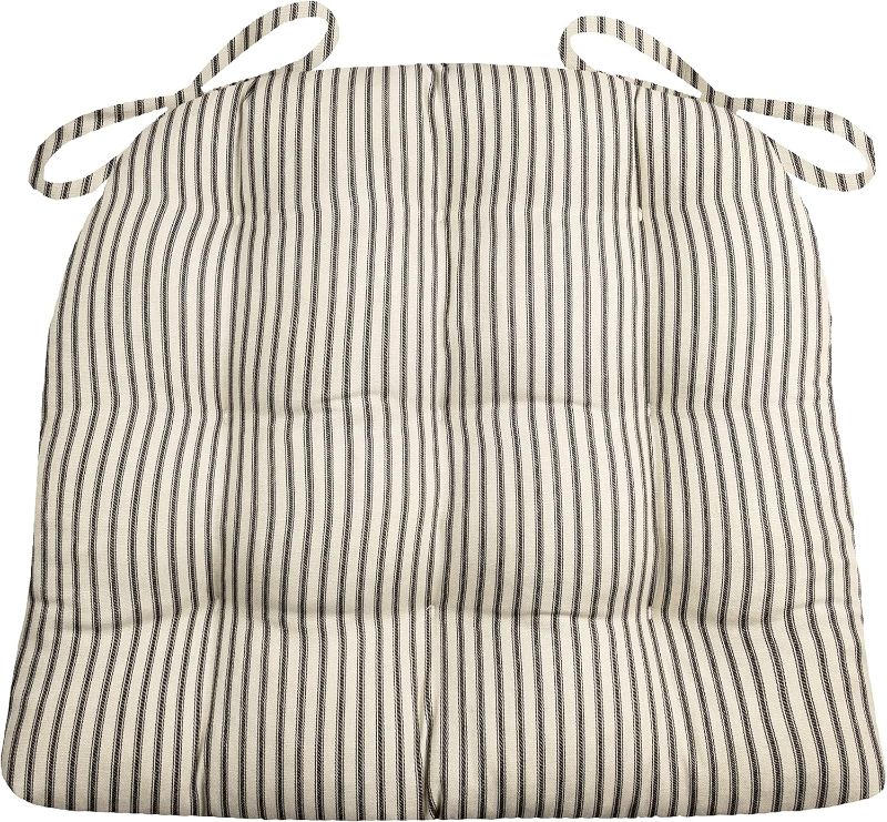 Photo 1 of  2-Barnett Home Decor Ticking Stripe Black Dining Chair Pad with Ties - Standard Size 17 Chair Cushion - Latex Foam Fill - Machine Washable, Reversible, Solid Color, 100% Cotton, Made in USA
