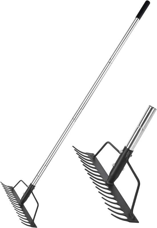 Photo 1 of 15 Inch Wide Heavy Duty Bow Rake, 16 Steel Tines Metal Head Rake Tool with Stainless Steel Handle, Adjustable Long Handle Garden Rake for Loosening Soil Leveling Mulch Gathering Lawns Leaves
