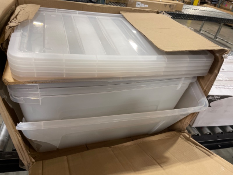 Photo 1 of IRIS USA 72 Qt Stackable Plastic Storage Bins with Lids, 4 Pack - BPA-Free, Made in USA - See-Through Organizing Solution, Latches, Durable Nestable Containers, Secure Pull Handle - Clear Clear 72 Qt. - 4 Pack