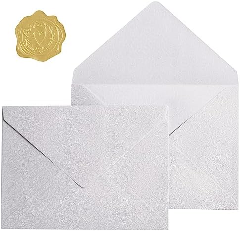 Photo 1 of 100 Pieces A7 Envelopes 5x7 Card Envelopes Vines Flower Texture Pattern V Flap Luxury Mailing Envelopes with Gold Stickers for Invitations, Wedding, Graduation, Baby Shower (White Vines)