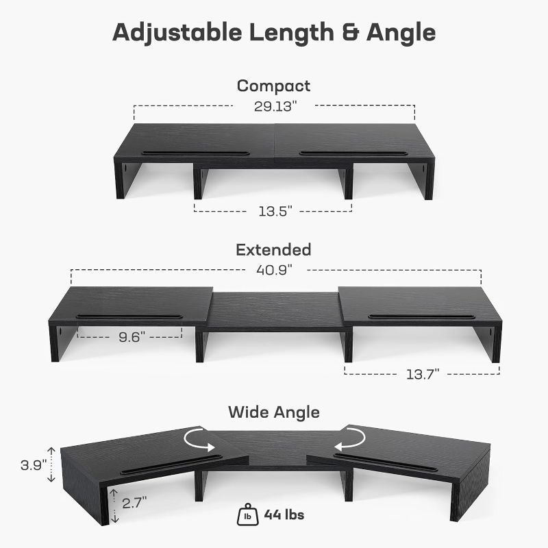 Photo 1 of  Dual Monitor Stand for Desk, Monitor Stand with 2 Slots for Phone and Tablet, Dual Monitor Riser with Length and Angle Adjustable, Computer Stand for Monitor, Laptop, Tablet (Black)