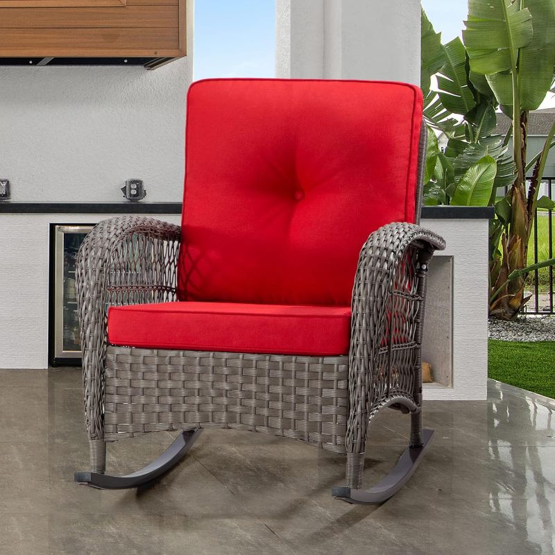 Photo 1 of Brown Wicker Outdoor Rocking Chair Patio with Red Cushions (1-Pack)
