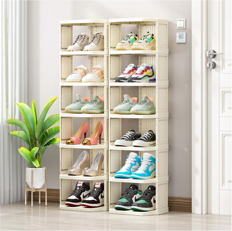 Photo 1 of 6 Tier Shoe Rack - Shoe Rack for Closet, Plastic Shoe Tower for Sneaker, Space Saving Storage Organizer, Large Shoe Shelf/Holder/Stand for Bedroom, Floor ONLY 4 CUBBIES FOR SHOES
