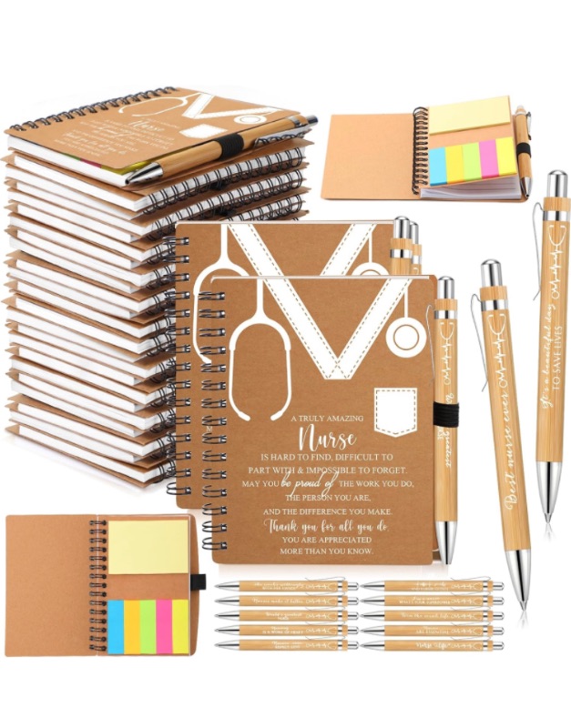Photo 1 of 36 Set 2024 Nurse Week Gifts Bulk Nurse Day Appreciation Gift Set for Nursing Student Medical Coworker Graduation Inspirational Kraft Spiral Notebook with Sticky Notes and Bamboo Ballpoint Pen