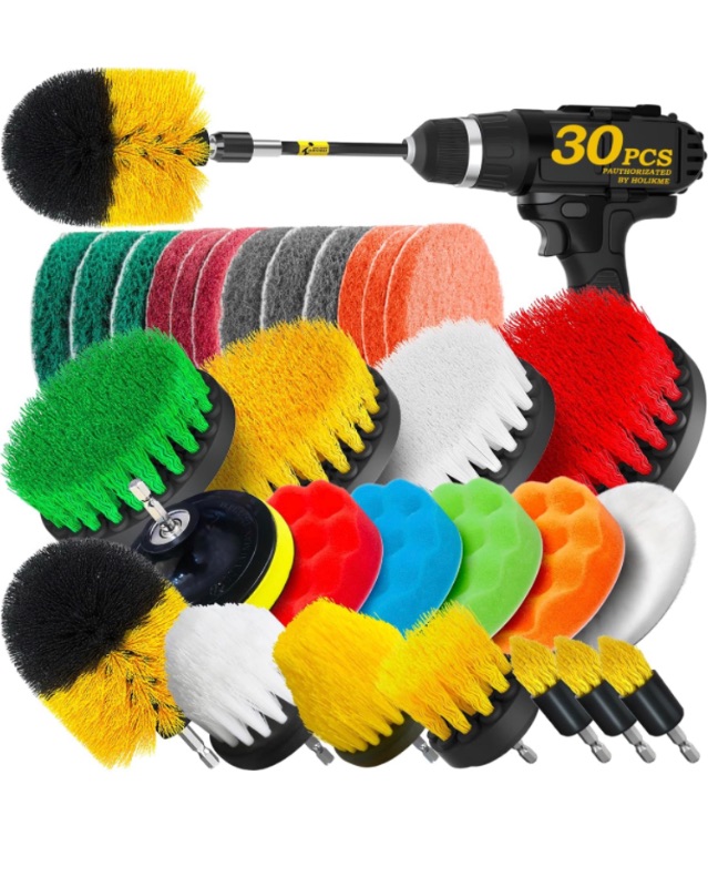 Photo 1 of Holikme 30Pack Drill Brush Attachments Set,Scrub Pads & Sponge, Power Scrubber Brush with Extend Long Attachment All Purpose Clean for Grout, Tiles, Sinks, Car Polishing Pads