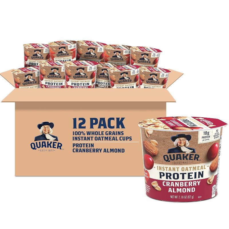 Photo 1 of Quaker Protein Instant Oatmeal Express Cups, Cranberry Almond, 10g Protein, 2.18 Ounce (Pack of 12)
