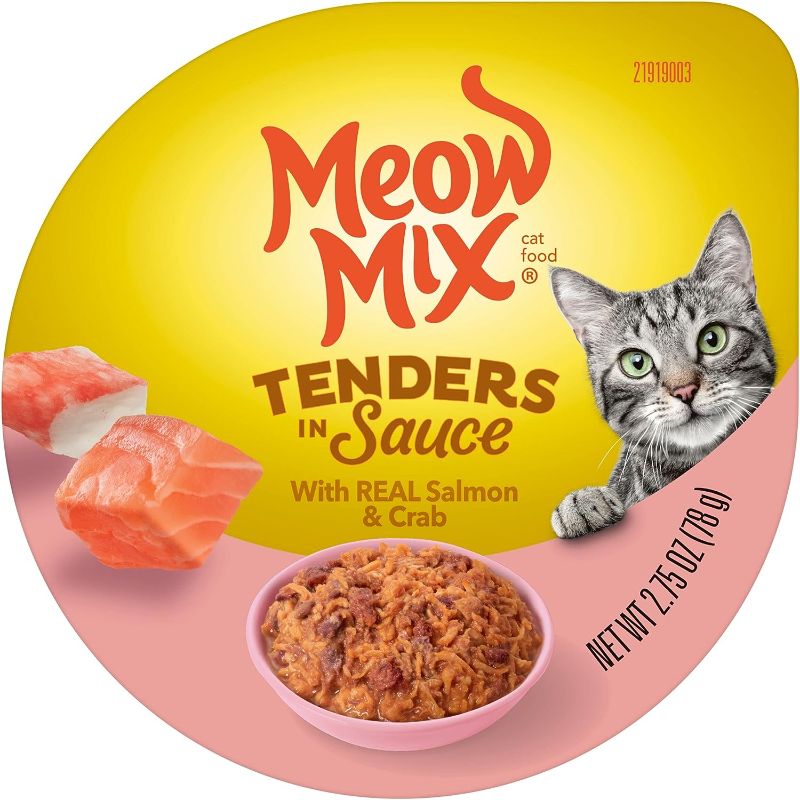 Photo 1 of Meow Mix Tenders in Sauce Wet Cat Food, Salmon & Crab, 2.75 Ounce Cup (Pack of 12)
