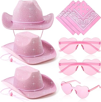 Photo 1 of Geyoga 9 Pieces Adult Cowboy Hat with Cowboy Bandana & Glasses for Western Costume Dress Accessory for Men Women Pink