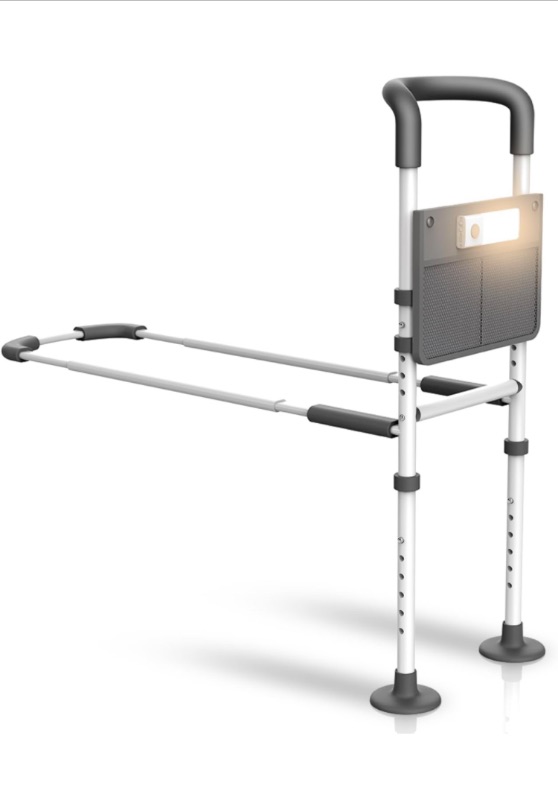 Photo 1 of Bed Rails for Elderly Adults - with Motion Light & Storage Pouch, Bedside Assist Bar with Support Legs for Seniors & Surgery Patients - Adjustable Medical Bed Handles Fit Any Bed