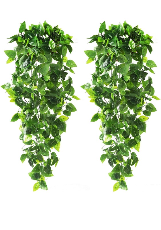 Photo 1 of CEWOR 2pcs Fake Hanging Plants 3.6ft Fake Ivy Vine Artificial Ivy Leaves for Wedding Wall House Room Patio Indoor Outdoor Home Shelf Office Decor (No Baskets
