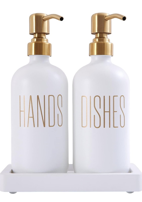 Photo 1 of Glass and Stainless Steel Soap Dispenser Set for Kitchen Counters (White)