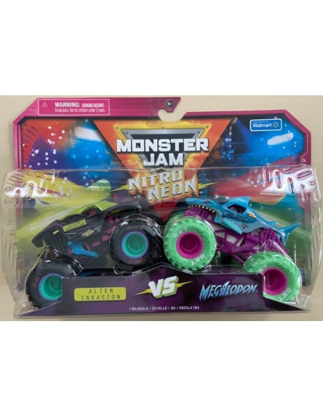 Photo 1 of Monster Jam Nitro Neon Alien Invasion vs Megalodon (1:64 Scale Double Pack)